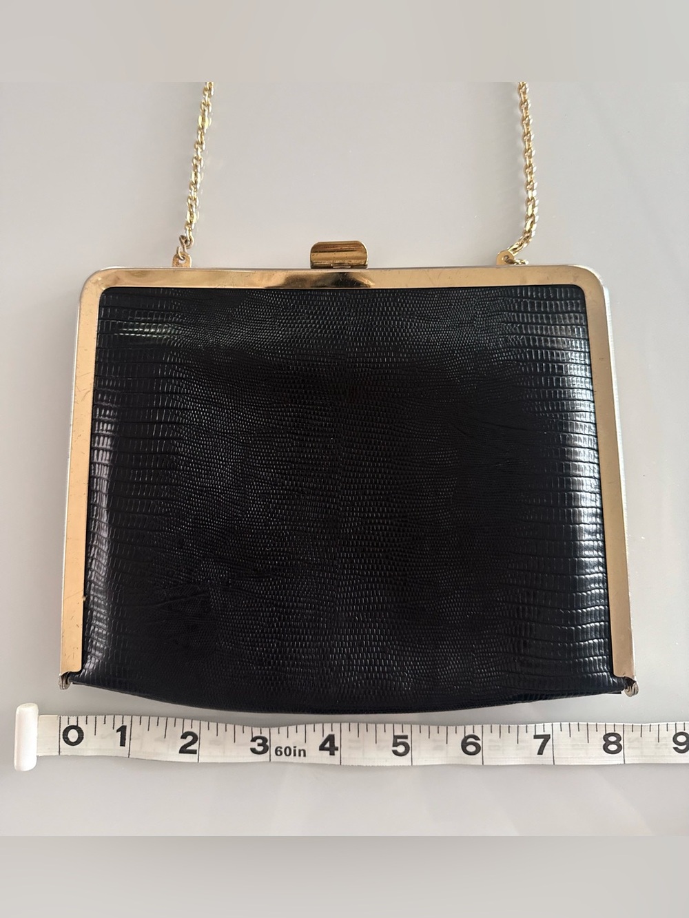 ETRA Vintage Black Lizard Leather Purse Clutch Convertible Handbag Gold Chain - Picture 6 of 7